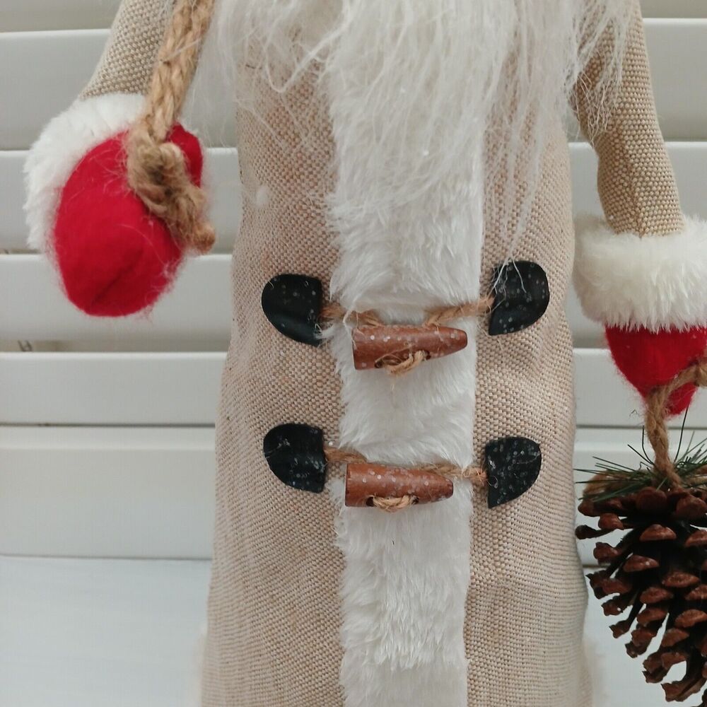 Christmas Santa Figurine Large 18" Tall Fabric Decor Holding Pinecone & Bag - Picture 5 of 13